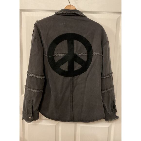 Vintage Havana Studded Peace Sign Twill Black Oversized Shacket, S - Picture 5 of 11